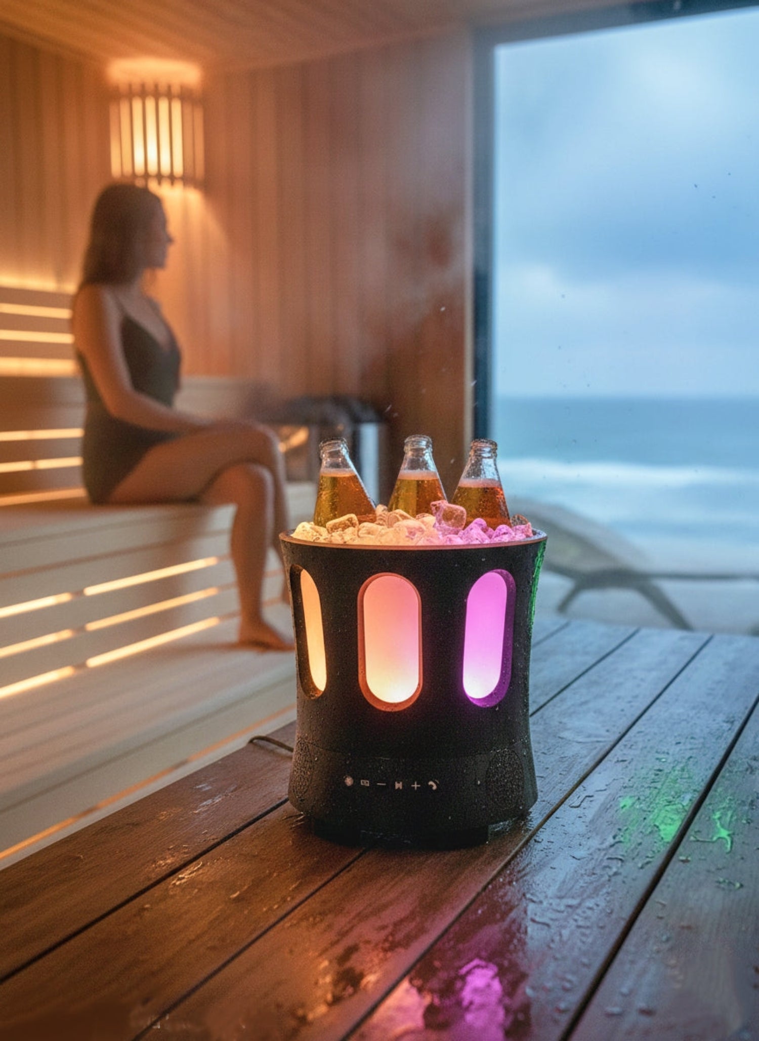ZONE speaker – Waterproof Bluetooth speaker for sauna. Speaker, ambient light and ice bucket in one. Design from Finland -innovation.